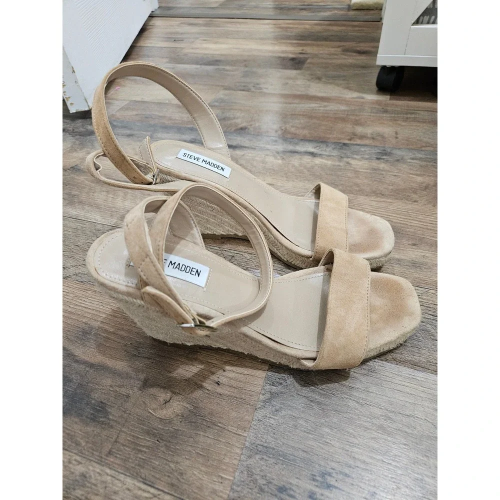 Steve Madden Womens Tan Suede Espadrille Wedge Sandals Ankle Strap Size 8